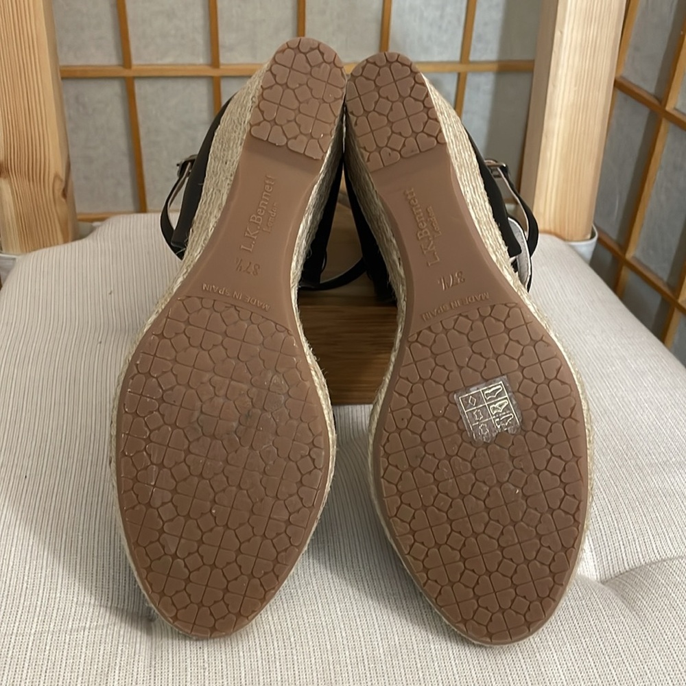 L.K. Bennett Black Leather Nellie Peep Toe Espadrille Wedge Heel EU 37.5 /US 7 - Picture 12 of 16
